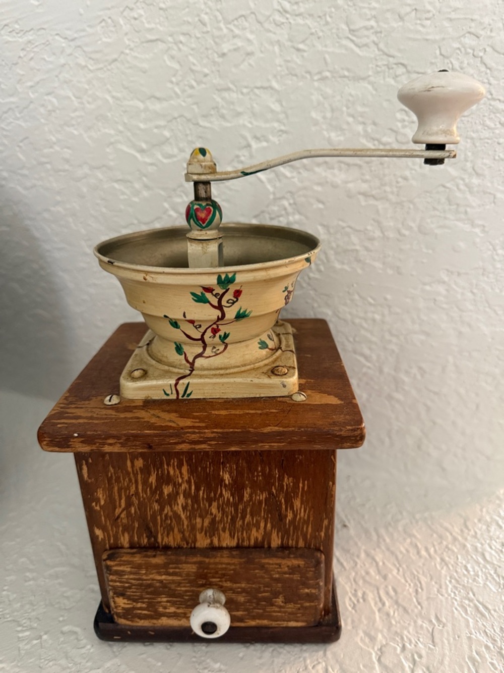 Vintage Wooden and Metal Hand-Crank Coffee Grinder w/ HandPaint Floral Accents